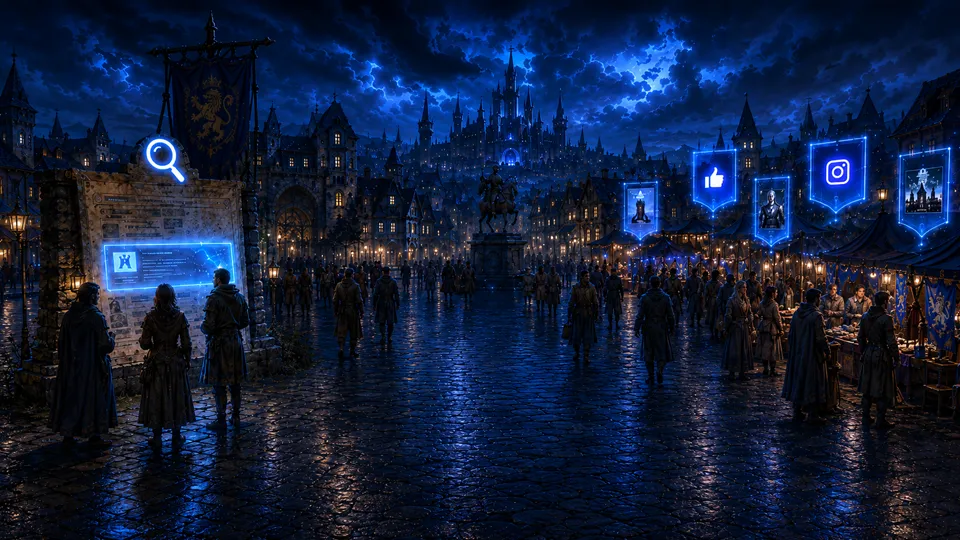 A medieval village with people milling around at markets who are advertising.