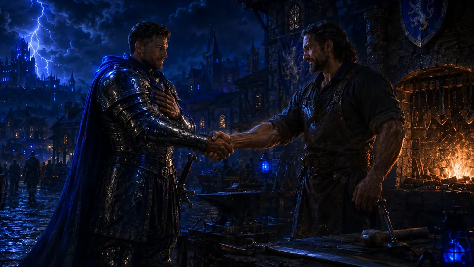 A knight shakes hand with a blacksmith.